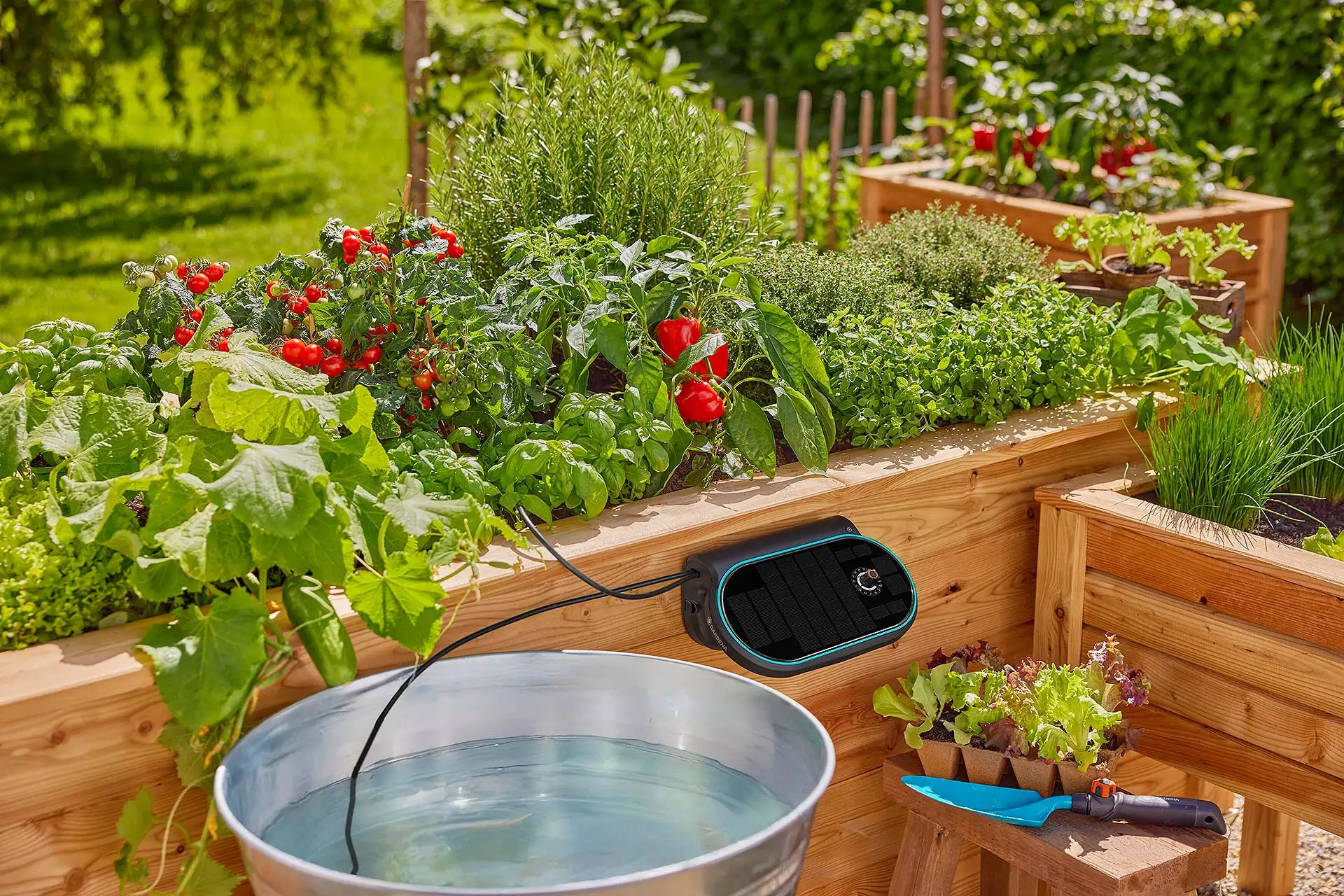 Das solarbetriebene GARDENA AquaBloom L Set versorgt 30 Pflanzen im Hochbeet oder auch auf größeren Terrassen und Balkonen unabhängig und automatisch mit Wasser – Tropfen für Tropfen. Das Micro-Drip-System bezieht das Wasser direkt aus der Regentonne oder einer anderen beliebigen Wasserreserve. Foto: Gardena